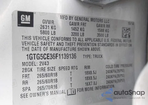 2015 GMC Canyon Slt z USA, uszkodzony, nr VIN 1GTG5CE36F1139136